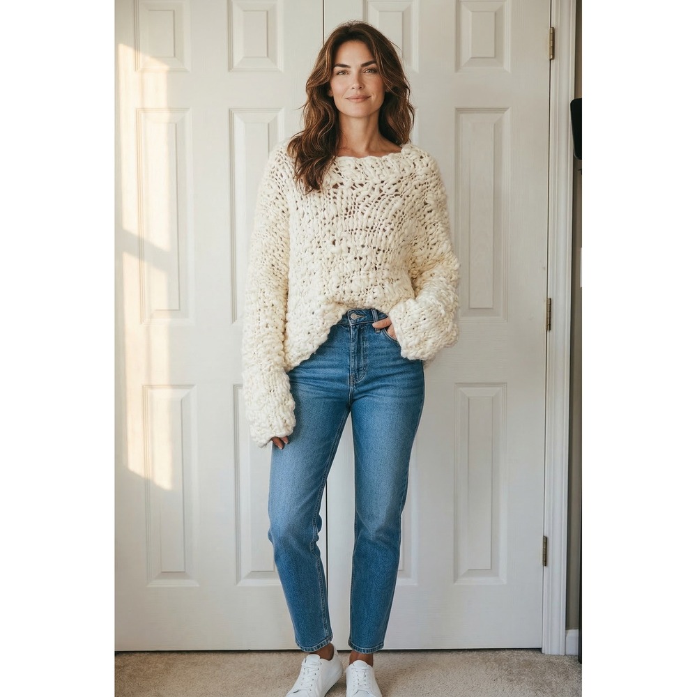 NWOT POL‎ Chunky Hand Knit Oversized Sweater Ivory Cream Open Weave Pullover L